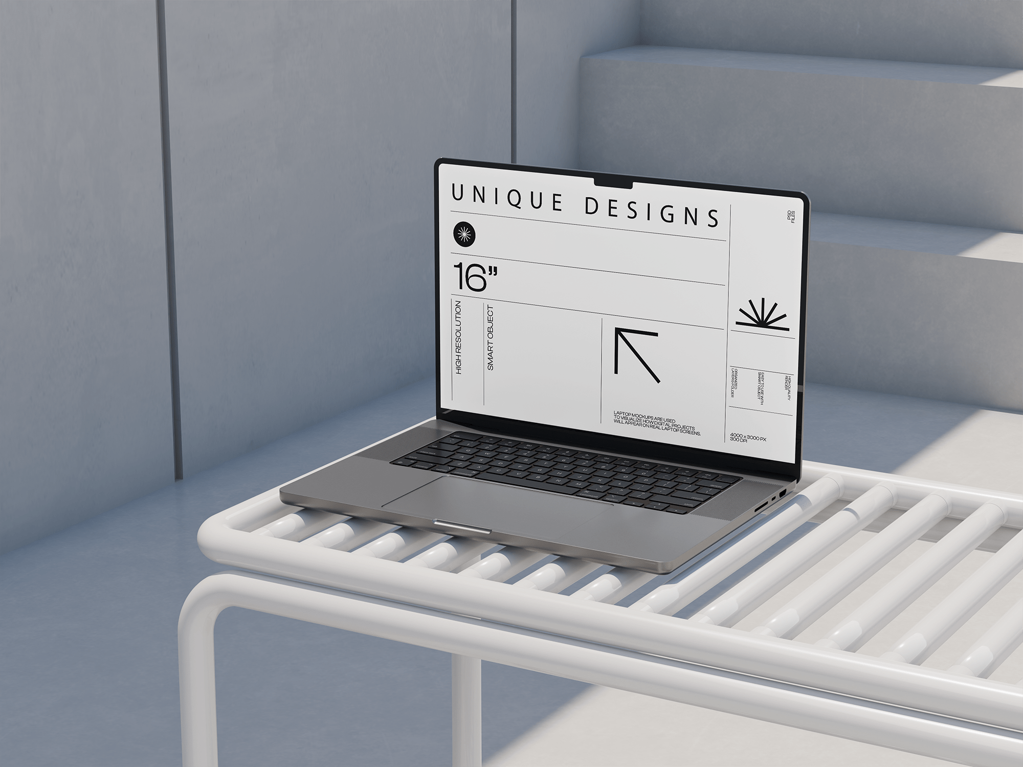 A WVQ laptop sits on a table next to some steps, showcasing the WVQ Portfolio.