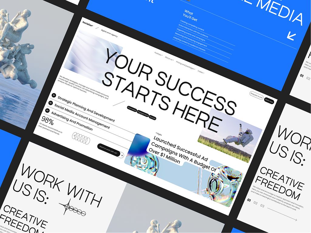 A collection of overlapping white and blue marketing slides with the prominent text "YOUR SUCCESS STARTS HERE" and various smaller sections discussing small business marketing strategies and successful campaigns.