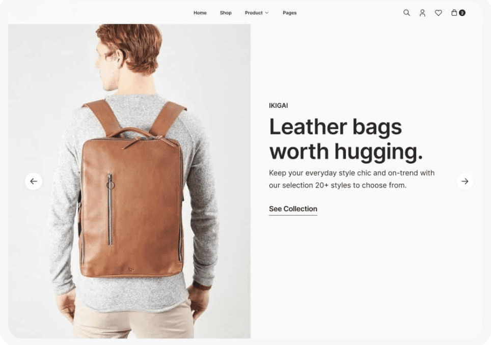 Man wearing a brown leather backpack, facing away from the camera. The text reads, "Leather bags worth hugging. Keep your everyday style chic and on-trend with our selection. Explore 20+ styles on our ecommerce platform.