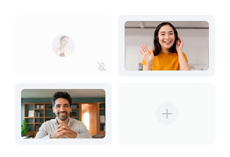 A video call interface with four participant windows: one woman waving, one man smiling, one avatar with microphone muted, and an empty slot with a plus sign. Perfect for remote team meetings or ecommerce consultations.