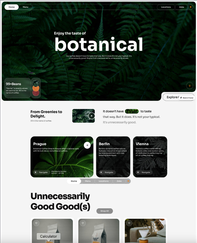 A website homepage with a green theme featuring the text "Enjoy the taste of botanical." It highlights sections like locations, jobs, and features images of plants alongside links for Prague, Berlin, and Vienna.