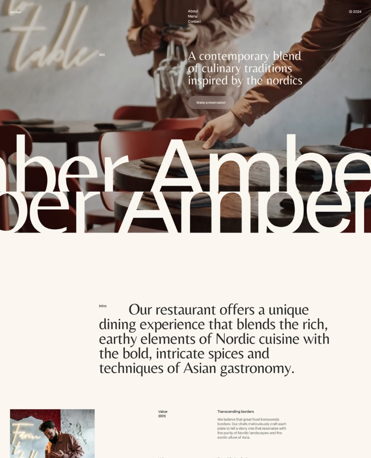 Restaurant website featuring a contemporary Nordic-inspired culinary theme, blending Nordic and Asian cuisines. The design includes stylized text, muted colors, and images of dining scenes.