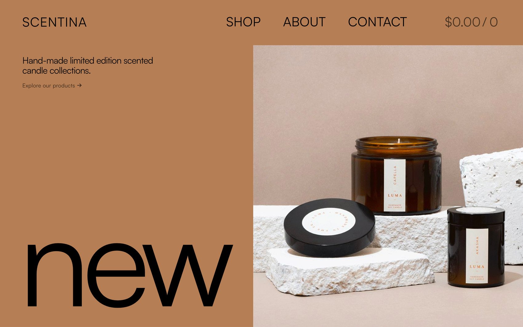 Website displaying a brown-themed page with a section for handmade limited edition scented candles, brand named "SCENTINA," and a shop, about, and contact menu. Three candles are showcased on a white surface, seamlessly integrated with Shopify for smooth e-commerce transactions.