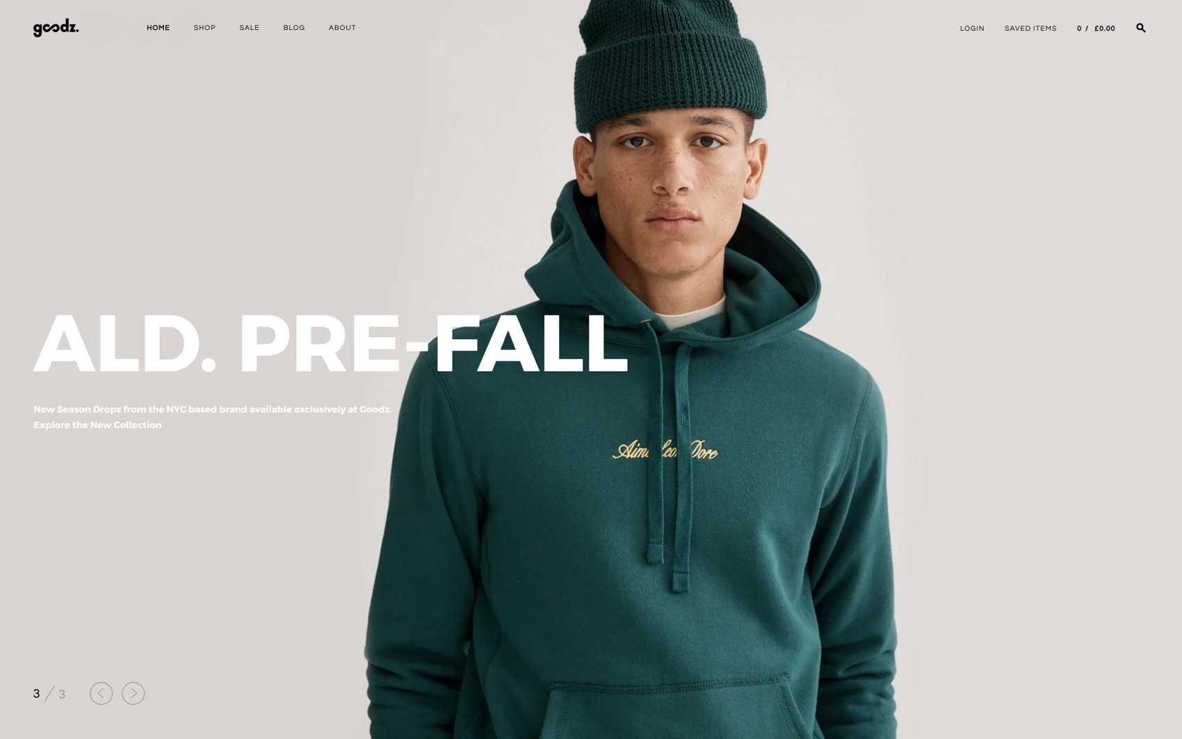 A person wearing a green hoodie and beanie stands against a white background. Text on the image reads, "ALD. PRE-FALL" and "New Season Drops from the NYC-based brand available exclusively at Goodx through e-commerce platforms like Shopify.