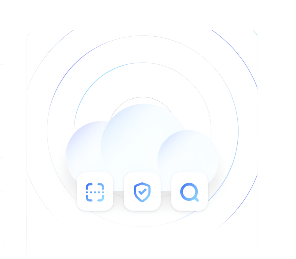 Cloud icon with three smaller icons below: a capture tool, a security symbol, and a search magnifier, representing key aspects of ecommerce. Set on a white background with concentric circles.