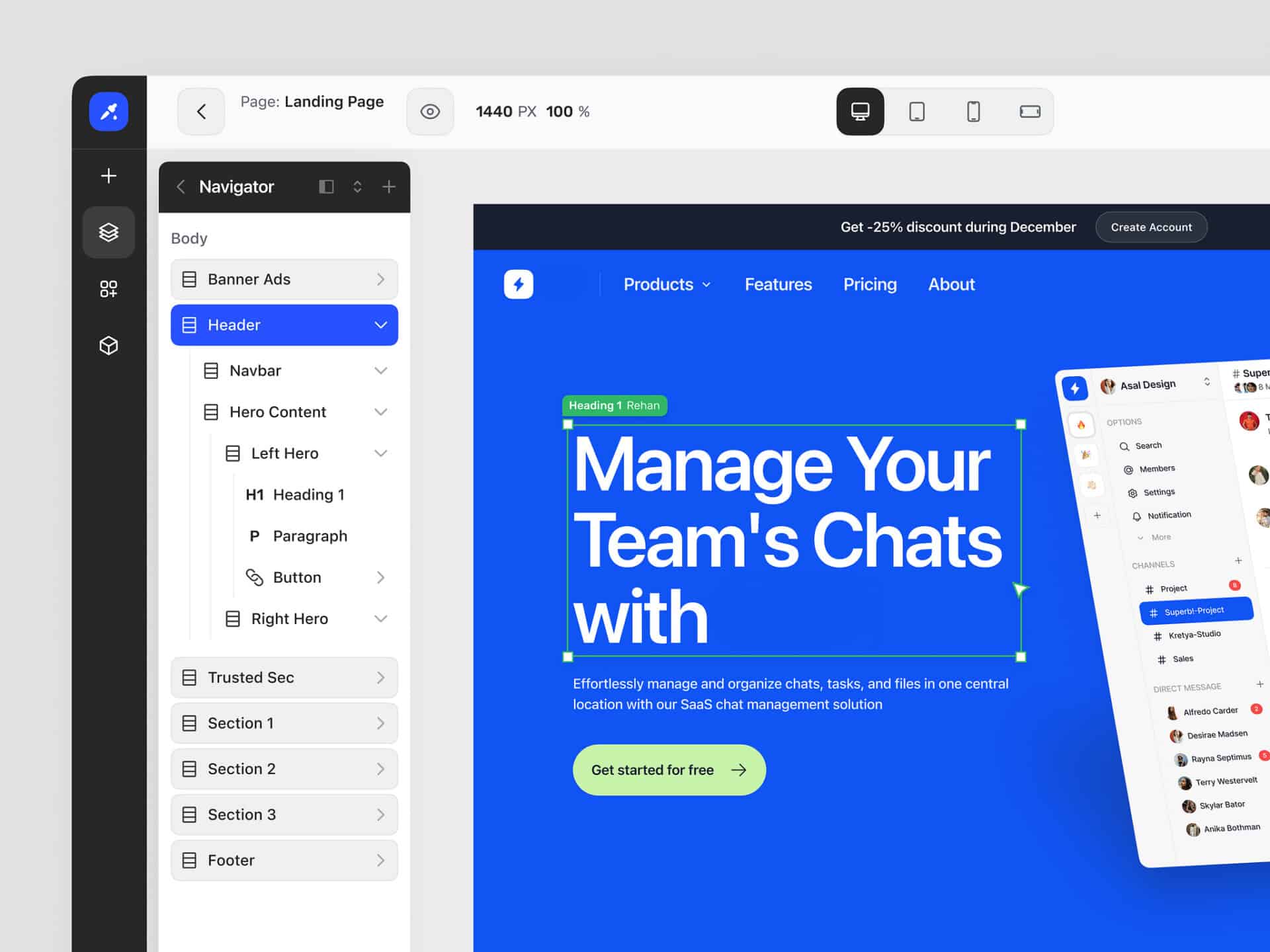 Design software interface displaying a landing page editor with a blue template, perfect for agencies looking to streamline their workflow. Text titled “Manage Your Team’s Chats” is highlighted, capturing attention immediately. A navigation panel on the left ensures seamless access, ideally complementing WordPress integration.