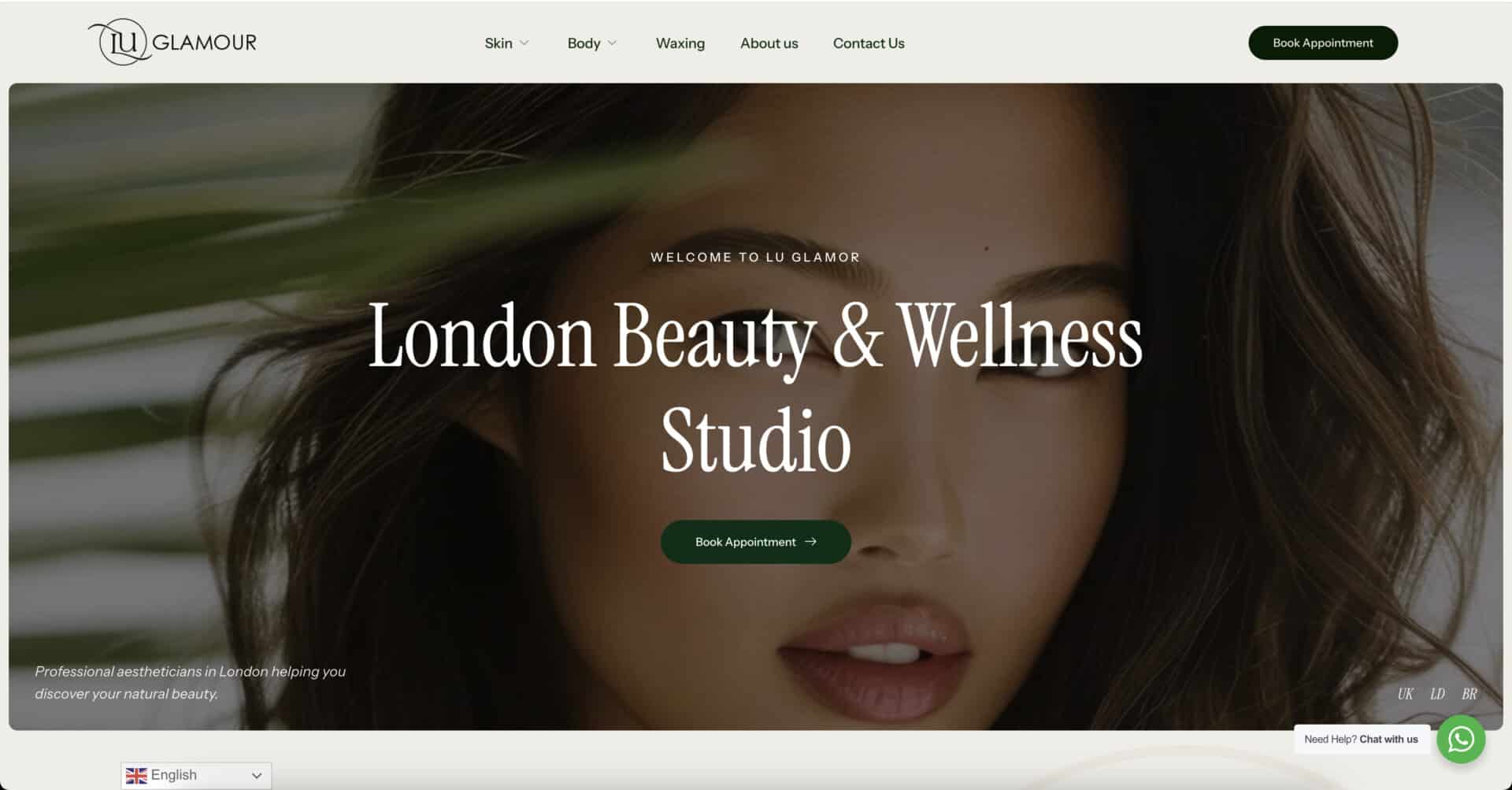 Close-up of a woman's face partially obscured by leaves, with "London Beauty & Wellness Studio" elegantly inscribed. The website header flaunts a portfolio showcasing skin, body, waxing services, and easy contact options for seamless navigation.