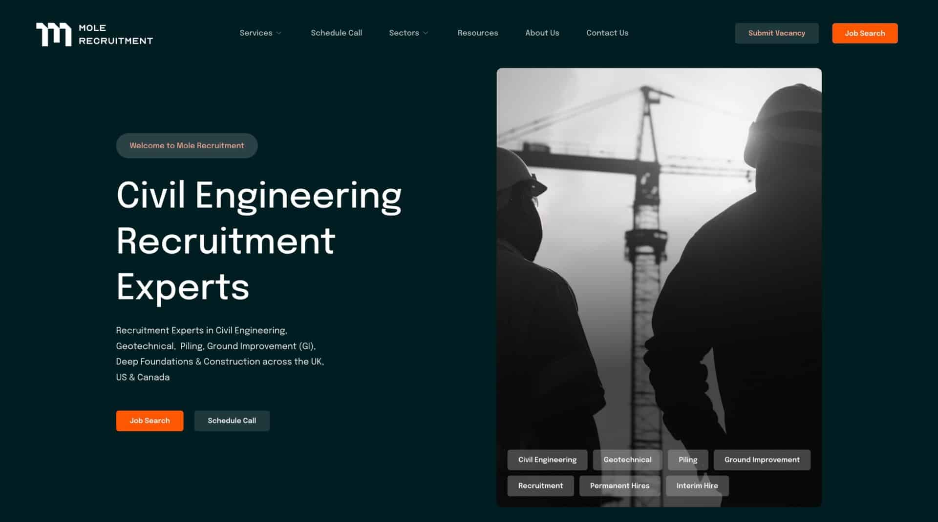 The website screenshot showcases "Mole Recruitment," specializing in civil engineering recruitment, with a striking silhouette of two workers and a crane. Perfect for those building their career portfolio in the industry.