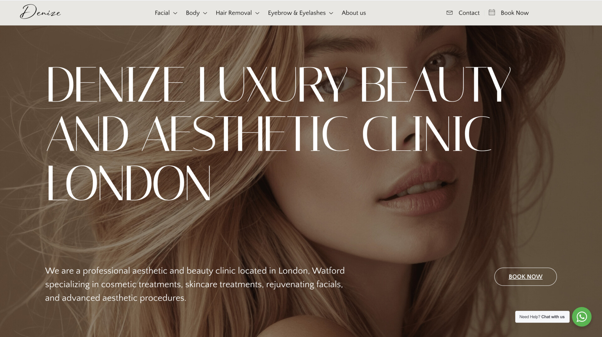 Welcome to the Denize Beauty homepage, where luxury meets precision. Explore our beauty portfolio with a close-up of elegance showcased on a woman's face. Discover treatments for facial rejuvenation, body contouring, hair removal, and more in our refined menu.