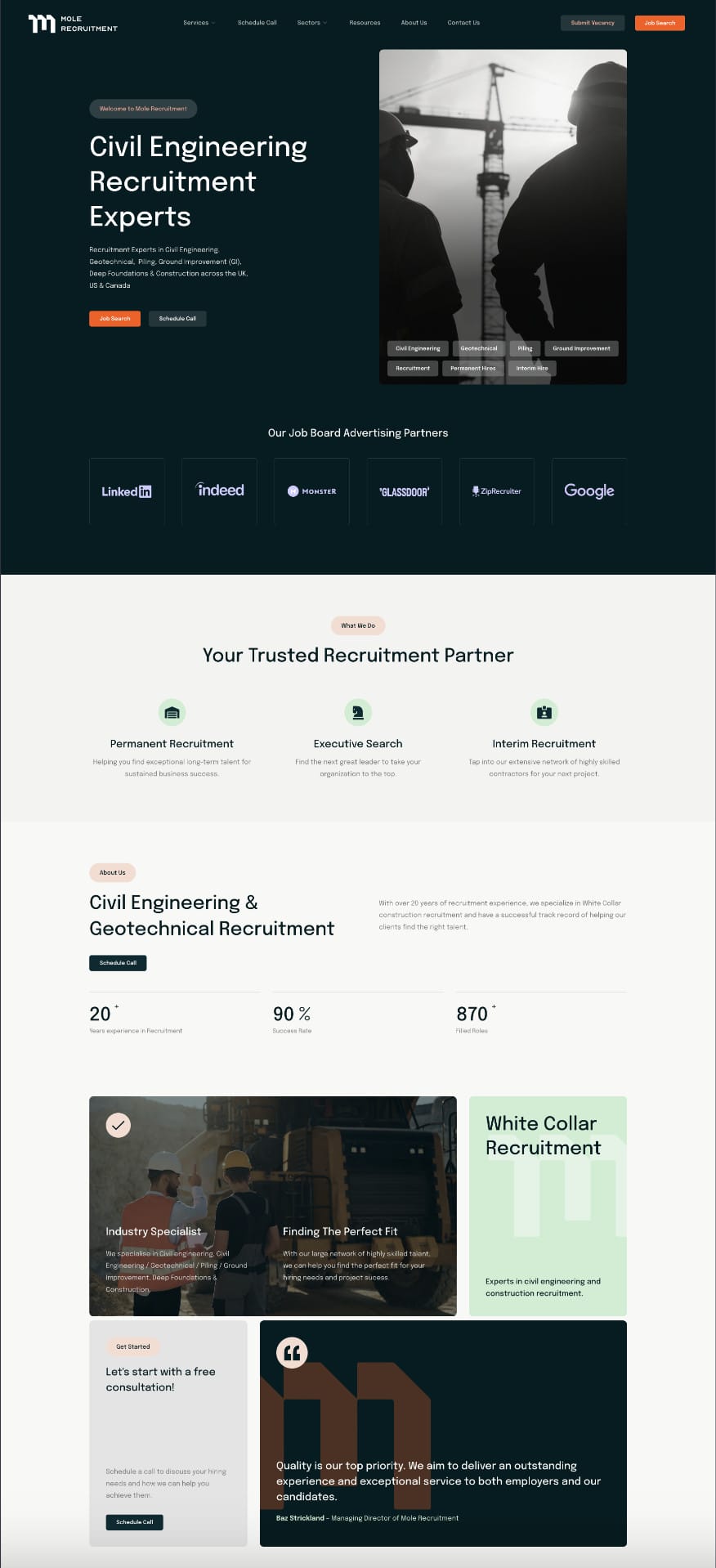 A website screenshot of a civil engineering recruitment company, highlighting its impressive portfolio of services, trusted job board partners, and success statistics. Discover client testimonials that showcase their recruitment excellence and commitment to matching skilled engineers with top employers.