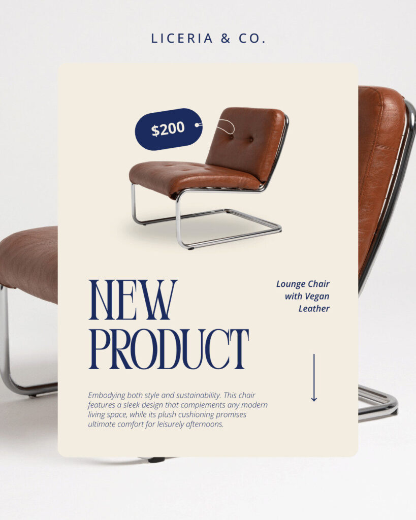 A modern lounge chair with brown vegan leather upholstery and chrome legs is offered at $200. Discover this stylish addition to your home, now available on Liceria & Co.’s Ecommerce platform.