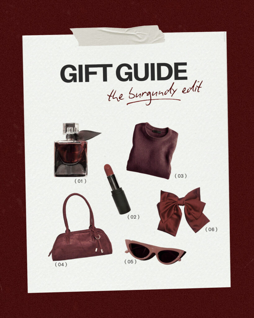 Discover our ecommerce gift guide featuring six burgundy-colored items—perfume, lipstick, sweater, handbag, bow, and sunglasses—beautifully displayed on a textured background labeled "the Burgundy edit.