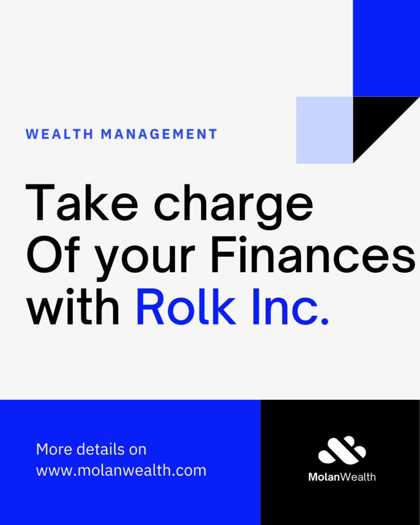 Promotional graphic for wealth management and ecommerce, with text: "Take charge of your finances with Rolk Inc." and website www.molanwealth.com. MolanWealth logo is displayed.