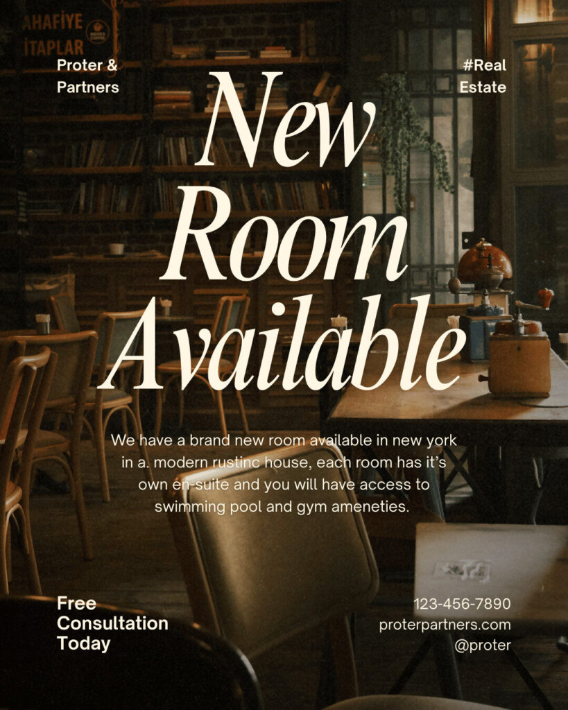 A rustic, warmly lit cafe or lounge setting with "New Room Available," real estate contact details, and a nod to modern ecommerce conveniences prominently displayed.