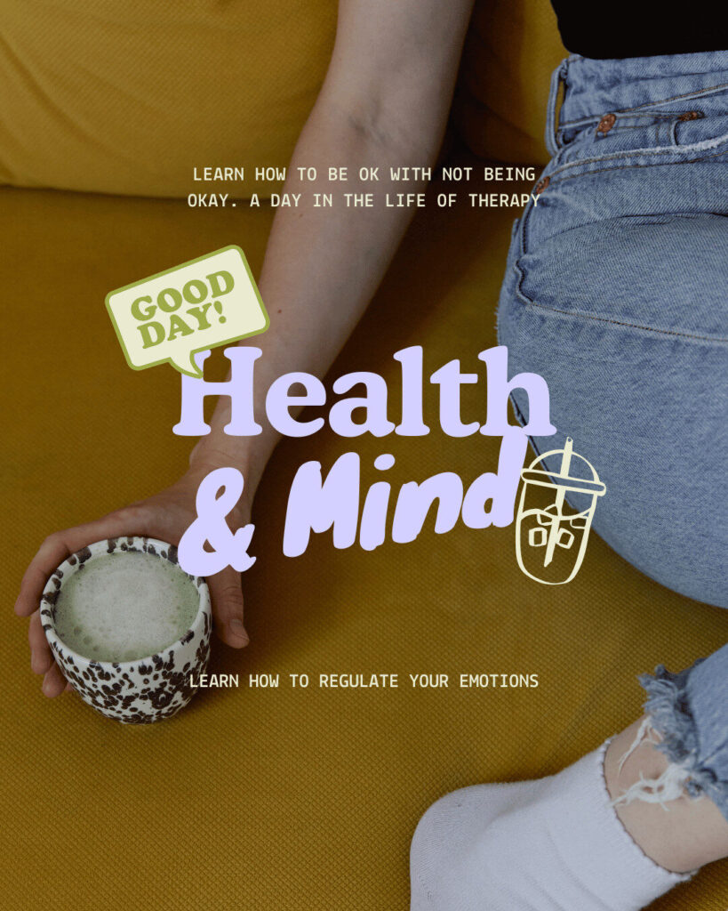 A person sits on a yellow couch holding a mug. Text on image reads: "Health & Mind," with additional tips on regulating emotions, therapy, and unlocking wellness through mindful ecommerce choices.