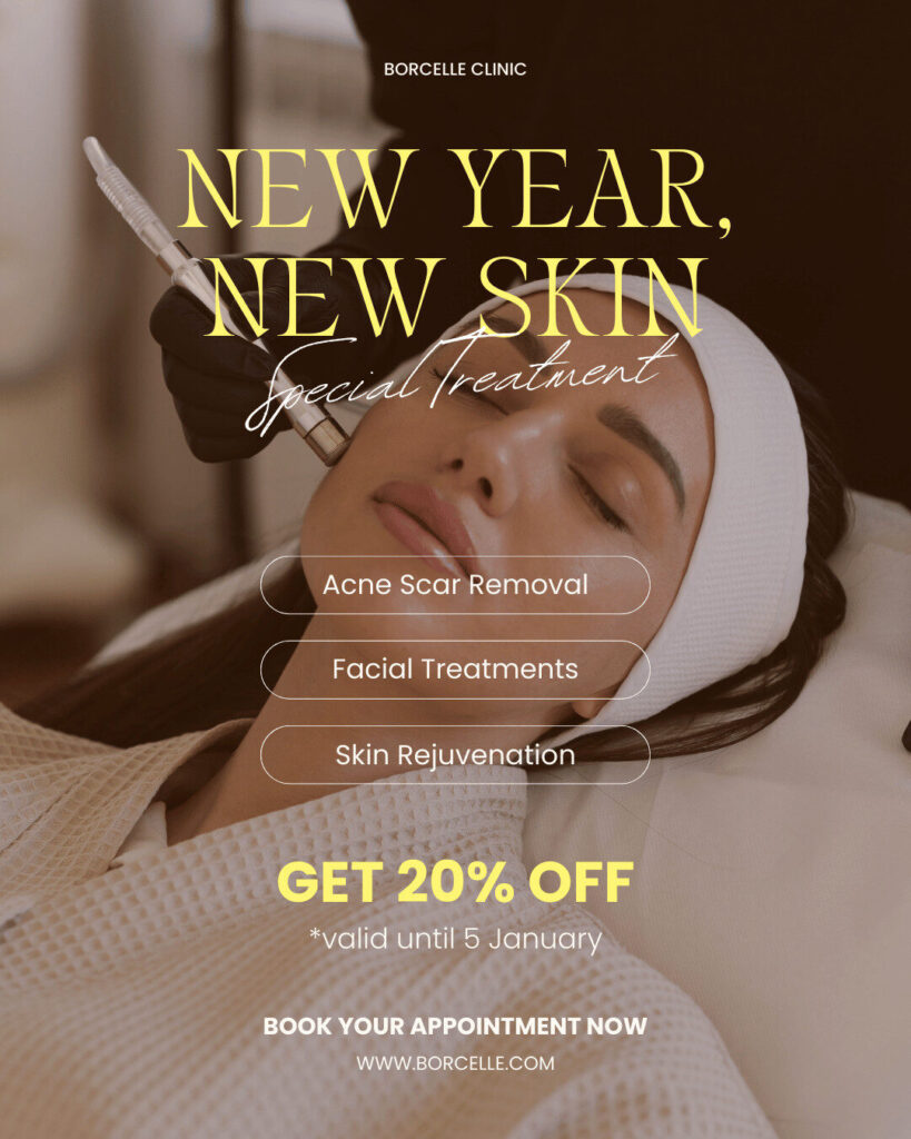 A woman receives a facial injection at a clinic. Text promotes a New Year skin treatment offer: acne scar removal, facial treatments, skin rejuvenation, and 20% off through January 5—book your session easily with our ecommerce platform.