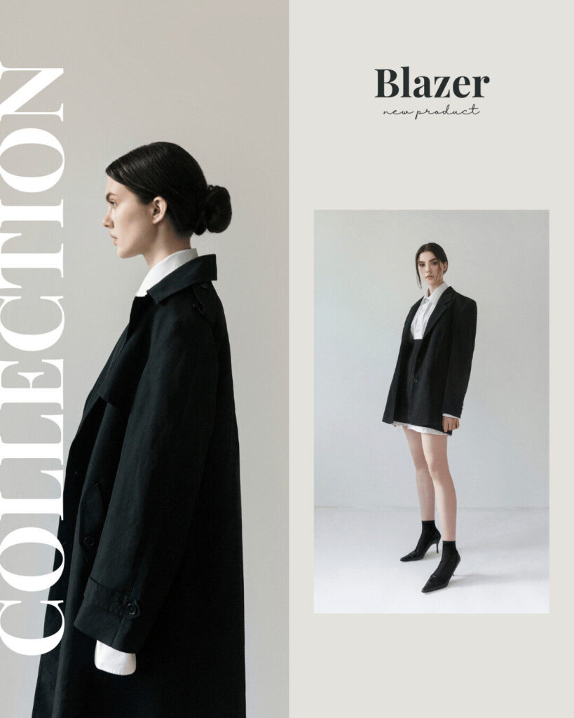 A woman wears a black blazer over a white shirt and stands against a plain background; "Blazer new product," "COLLECTION," and an Ecommerce highlight appear alongside.