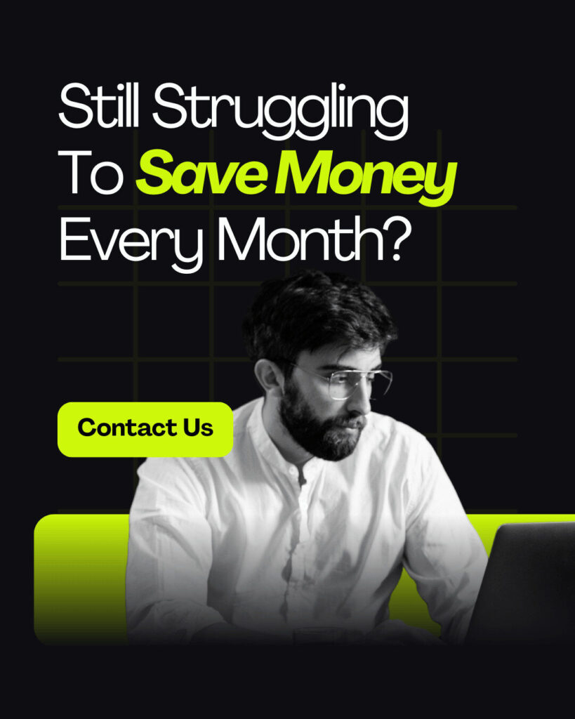 A man with glasses works on a laptop; text reads, "Still struggling to save money on your Ecommerce every month? Contact us." The design uses black and green colors.