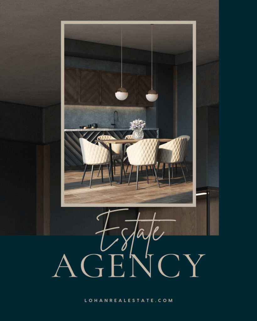 Modern dining area with a round table, four upholstered chairs, hanging pendant lights, and a decorative vase. Text reads "Estate Agency," "Ecommerce," and "lohanrealestate.com.