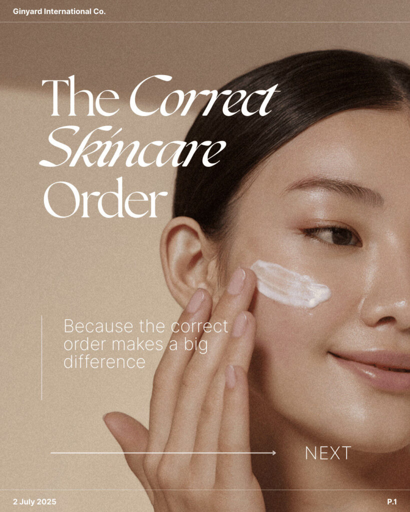 A woman applies cream to her cheek, promoting information about the correct skincare order. Text on image emphasizes the importance of proper skincare steps for optimal results, ideal for those seeking trusted ecommerce recommendations.