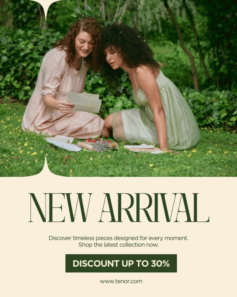 Two women in light dresses sit on grass looking at papers, surrounded by greenery. Discover new arrivals and exclusive Ecommerce deals with up to 30% discount at tenor.com.