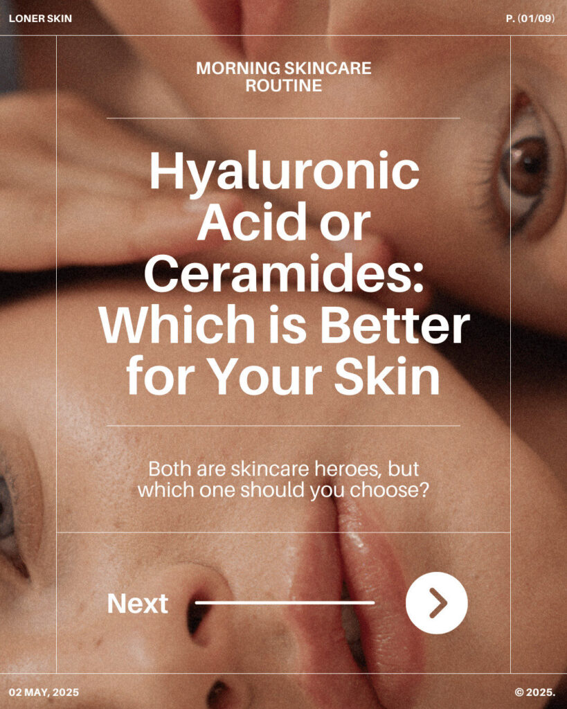 Close-up of two women’s faces with text: “Hyaluronic Acid or Ceramides: Which is Better for Your Skin?”—plus an ecommerce prompt to choose your next skincare routine step.