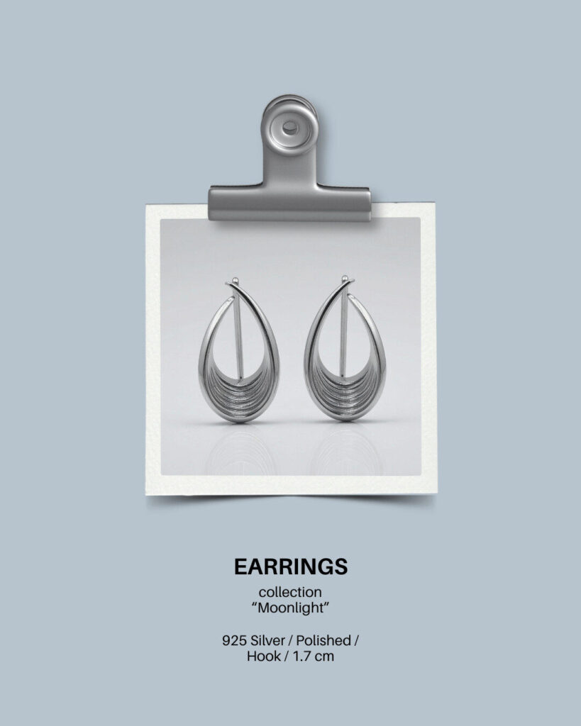 A pair of polished 925 silver teardrop hook earrings from the "Moonlight" collection, displayed on a photo clipped to a gray background—perfect for adding elegance to your ecommerce jewelry showcase.