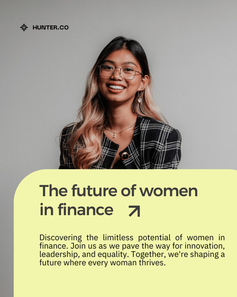 A woman with long hair and glasses smiles at the camera, accompanied by text about the future of women in finance, promoting equality and leadership in fintech and ecommerce.