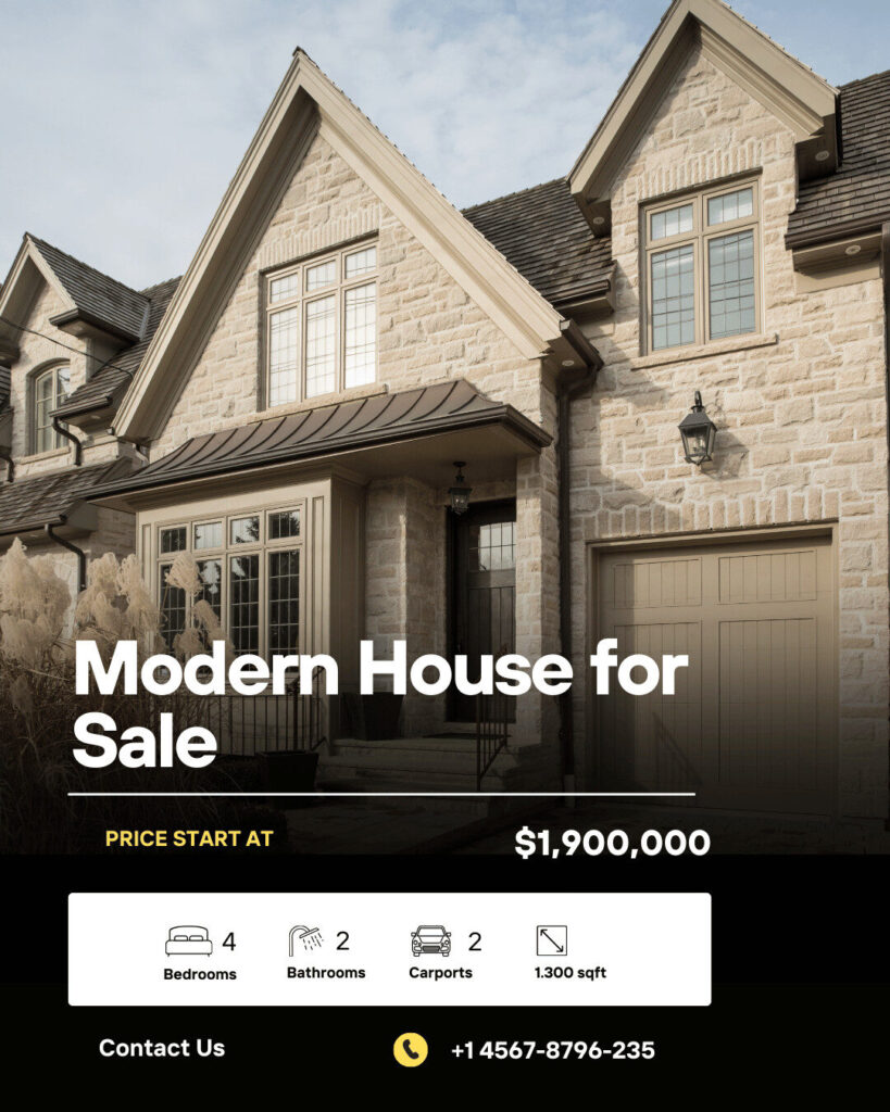 A modern stone house with ecommerce potential and two garages is listed for sale at $1,900,000; features include 4 bedrooms, 2 bathrooms, 2 carports, and 1,300 sqft. Contact info is provided below.