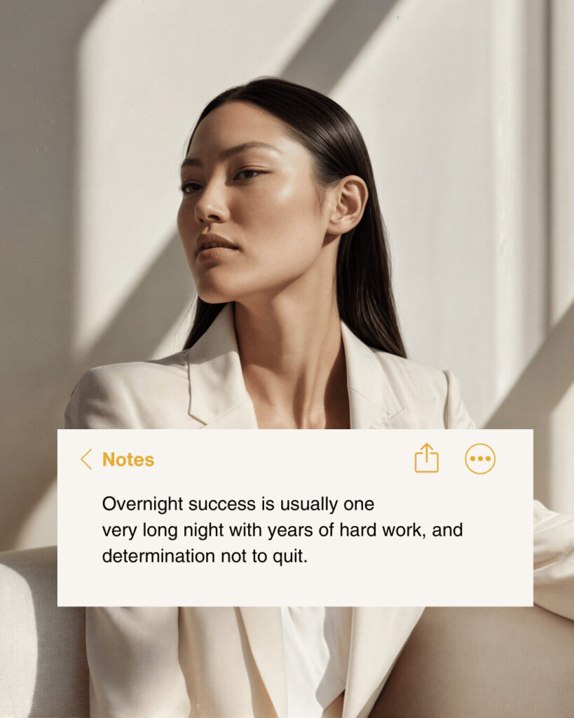 A woman in a light-colored blazer sits in a sunlit room, with a digital note overlay about the reality of overnight success and perseverance in ecommerce.