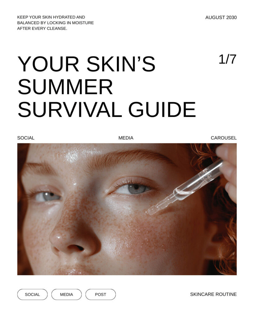 A close-up of a person with freckles applying skincare serum to their cheek with a dropper, featured on an Ecommerce "Summer Survival Guide" skincare infographic.