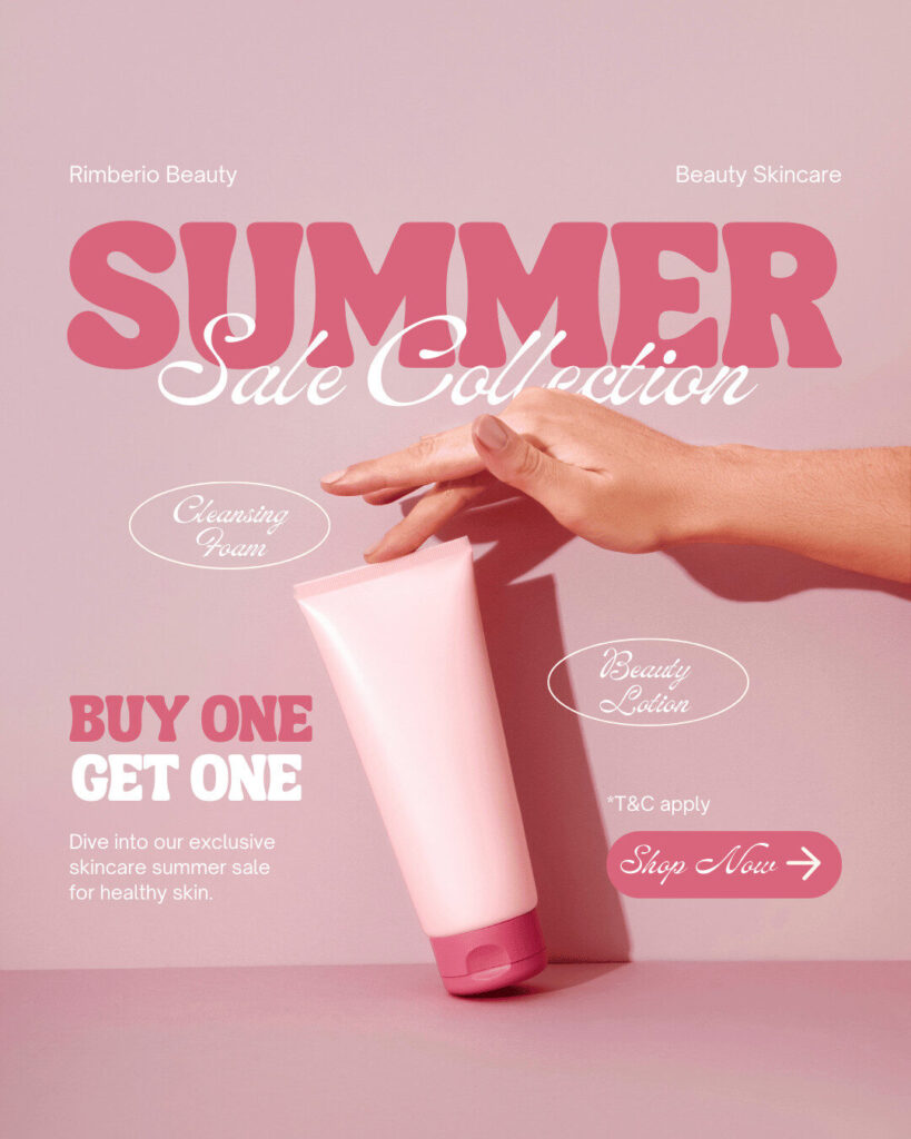 A hand reaches for a pink skincare tube against a pink background with text promoting an Ecommerce summer sale, featuring "Buy One Get One" and "Shop Now" offers.