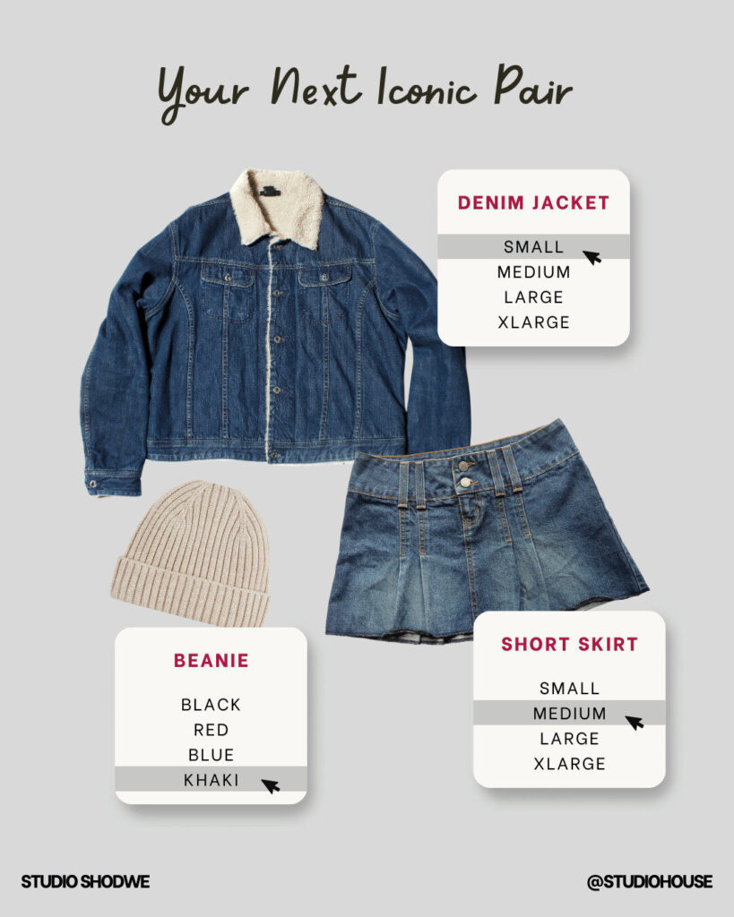 Flat lay of a denim jacket, denim short skirt, and a beige knit beanie, with ecommerce labels displaying available sizes and colors for each clothing item.