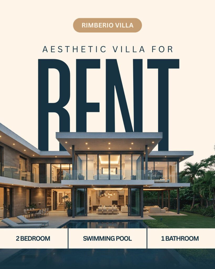 Modern two-story villa with large windows available for rent; features 2 bedrooms, a swimming pool, and 1 bathroom—perfect for relaxing or working from home, including options suited for ecommerce professionals.