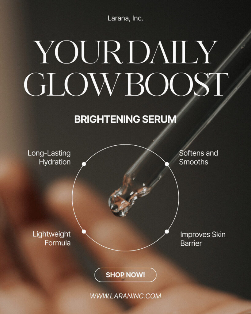 A hand holds a dropper with serum; text highlights a brightening serum with hydration, lightweight formula, smoothing, and skin barrier benefits. Easy ecommerce shopping with website link and "Shop Now" button included.