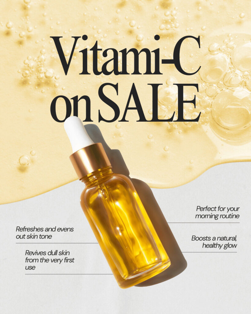 Amber dropper bottle of Vitamin C serum on a light background, perfect for Ecommerce. Sale text highlights benefits like skin tone evening, revival of dull skin, and a natural glow.