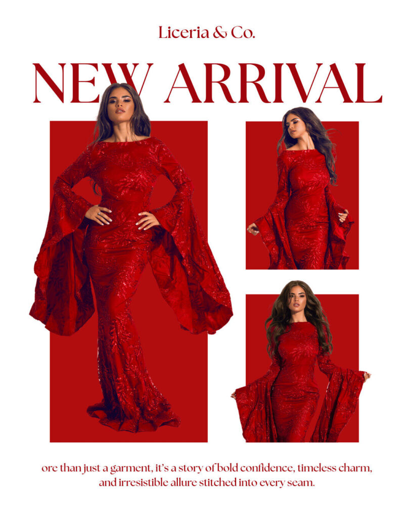 A woman models a long, red, sequined gown with flared sleeves in three poses against a white background, perfect for Ecommerce showcases. Text reads "Liceria & Co. NEW ARRIVAL" at the top.