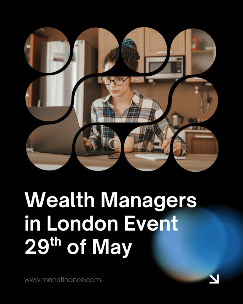 A woman works on a laptop in a kitchen, seen through circular cutouts. Text reads: "Wealth Managers in London Event 29th of May. Ecommerce insights. www.manefinance.com".