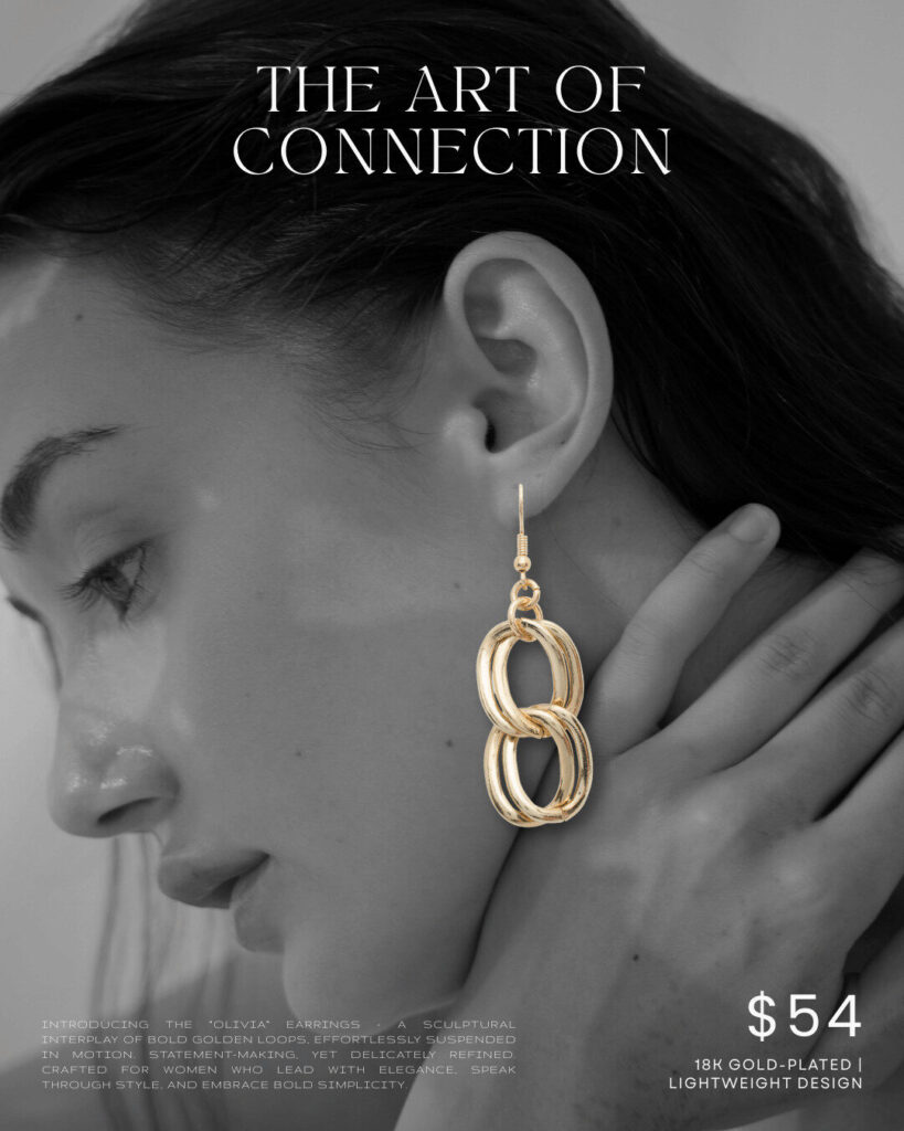A woman wearing a large, gold-plated earring with interlocking loops; text on image highlights "The Art of Connection" for $54—discover this stunning piece exclusively on our ecommerce platform.