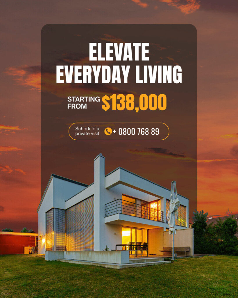 Modern two-story house at sunset with text promoting home prices starting at $138,000. Call now to schedule a private visit or explore our ecommerce options for more details.