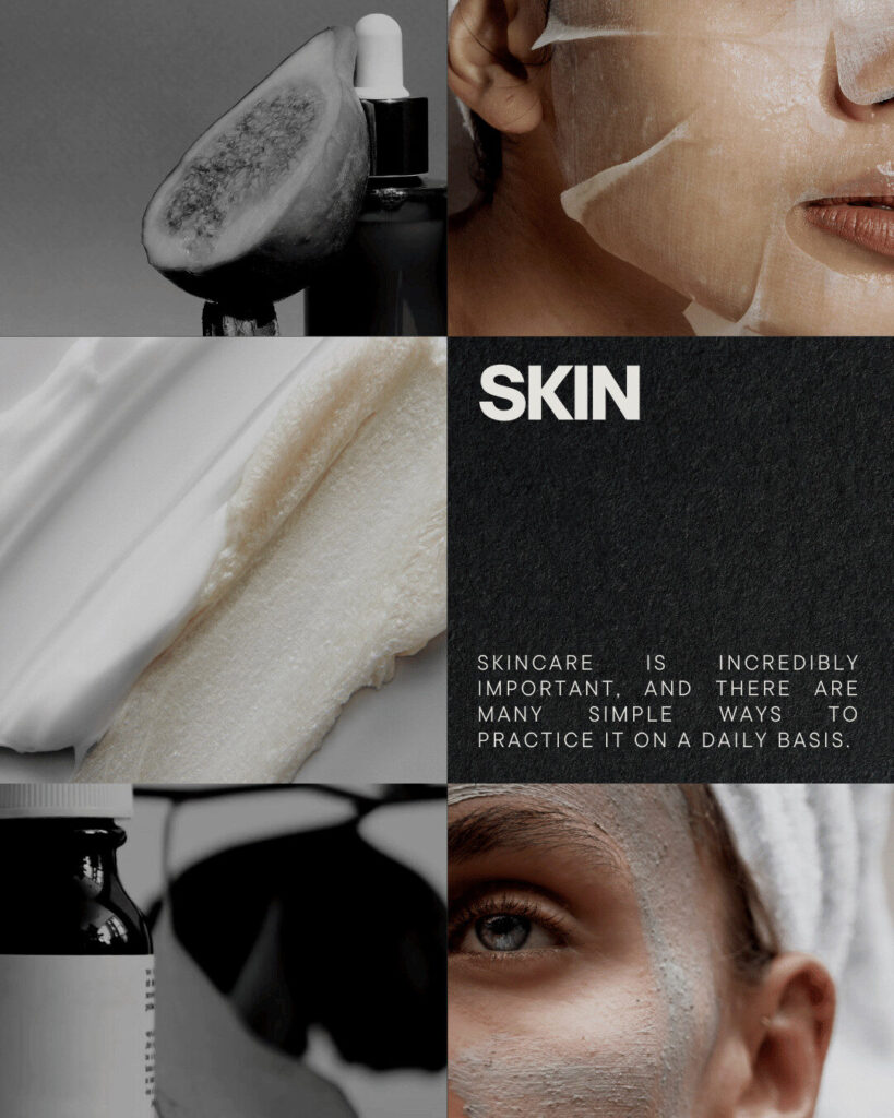 Collage of skincare images—including cream, a dropper bottle, facial mask, and a person applying products—with text highlighting the importance of daily skincare through convenient ecommerce options.