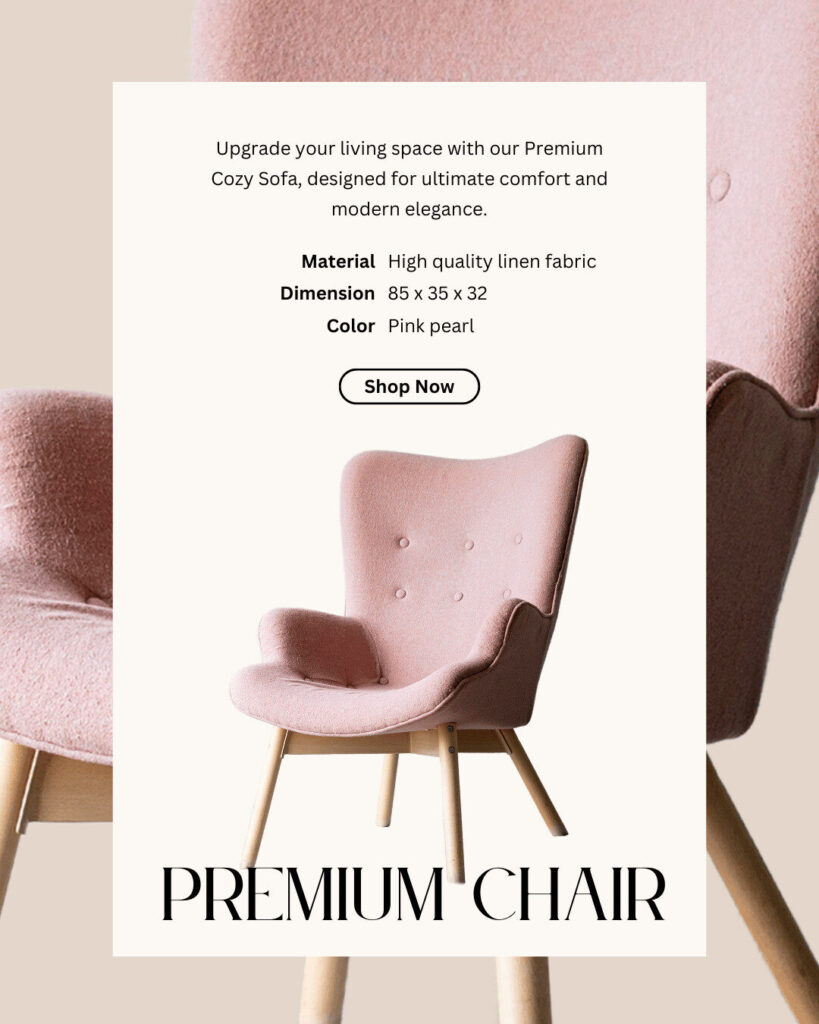 A pink linen upholstered chair with wooden legs is displayed on a white background, perfect for modern ecommerce shoppers. Product details and a "Shop Now" button invite you to bring this stylish piece home.