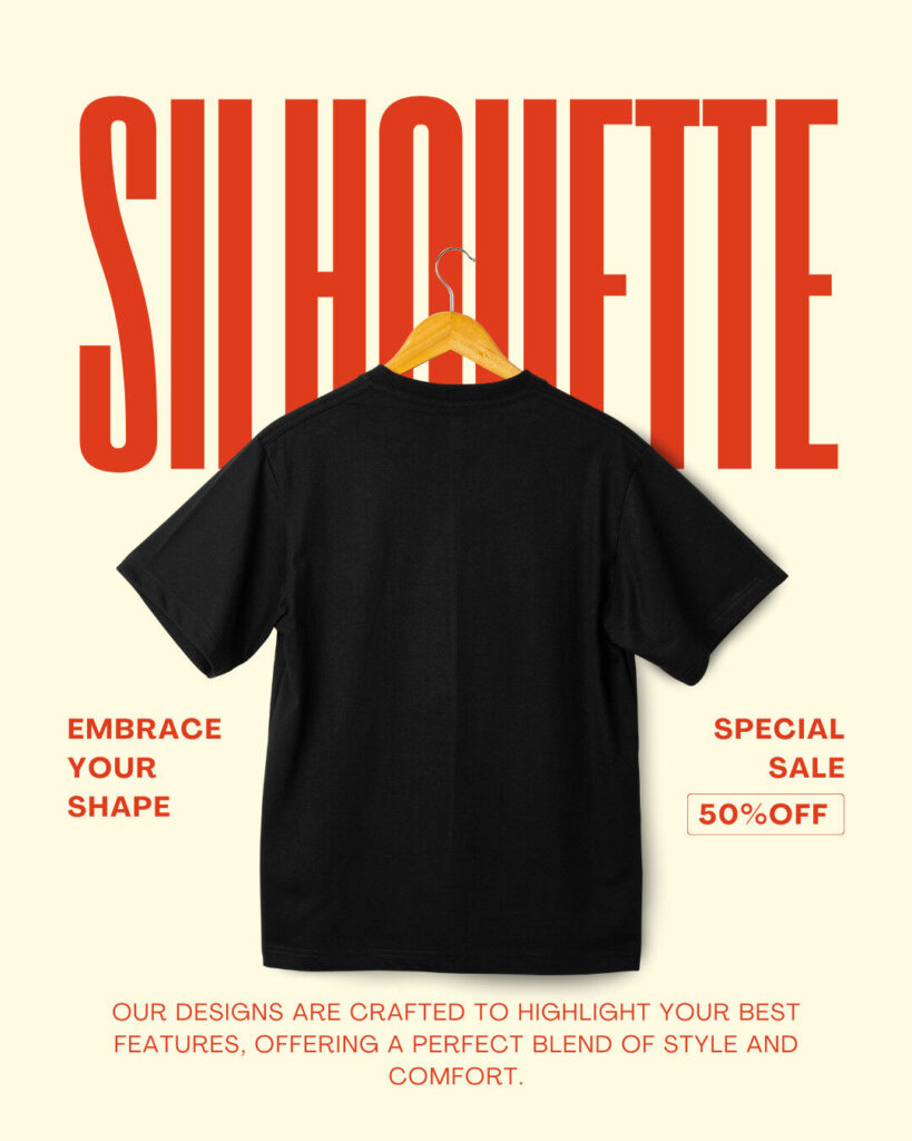 A black t-shirt on a wooden hanger is displayed against a beige background, featuring the word "SILHOUETTE," sale details like "50% OFF," and "Embrace Your Shape"—perfect for your next ecommerce fashion find.