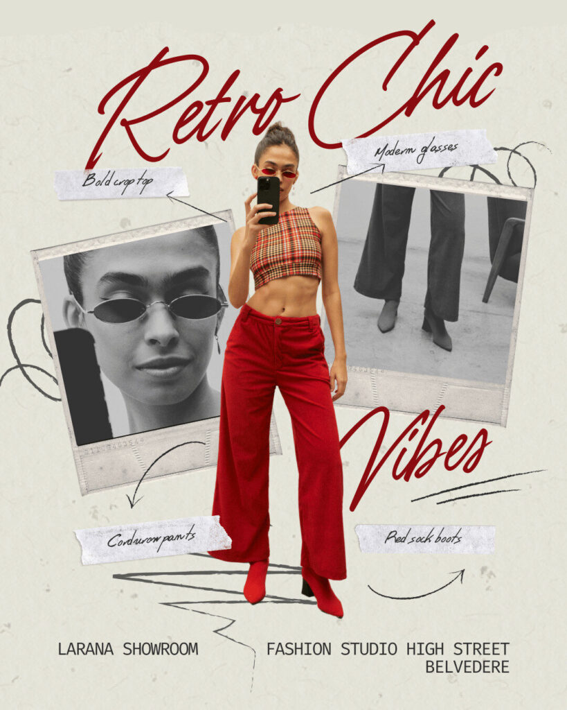 A woman wearing a plaid crop top, red flared pants, and red sock boots poses for a mirror selfie; collage includes close-ups of her sunglasses, top, and boots—perfect inspiration for your next ecommerce fashion find.