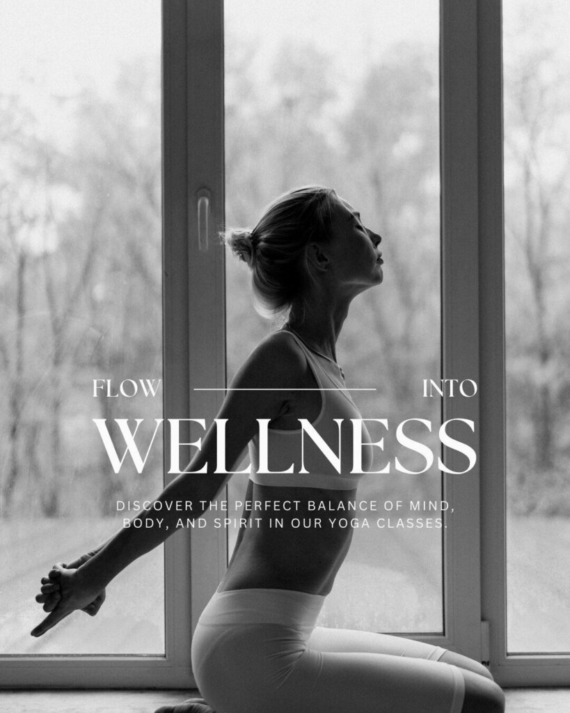 A woman in athletic wear practices yoga indoors by a large window, stretching back with arms extended; text promotes wellness, yoga classes, and easy Ecommerce sign-ups.