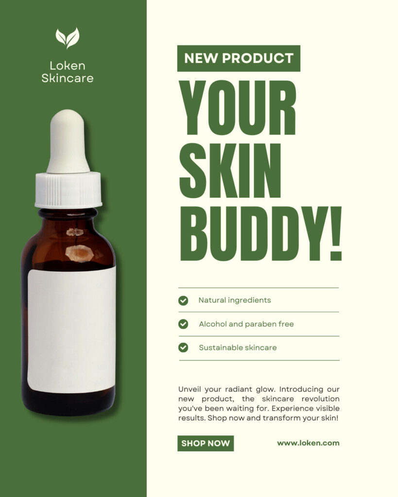 A brown dropper bottle is displayed next to text promoting Loken Skincare’s new ecommerce skincare product with natural ingredients, alcohol and paraben-free, plus sustainable benefits.