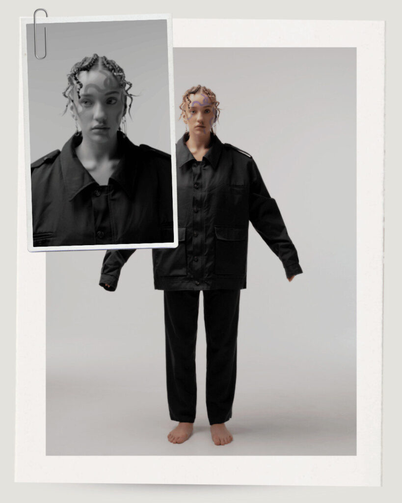 A person with braided hair wears a loose black jacket and black pants, standing barefoot—perfect for a unique ecommerce fashion listing. An inset image displays a close-up of their face and upper body in black and white.