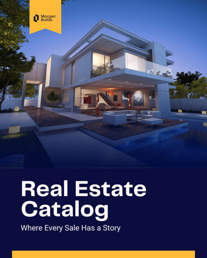 Modern two-story house with large windows, outdoor pool, and deck at sunset featured on the cover of a real estate catalog by Morgan Builds, highlighting exclusive properties available for Ecommerce buyers.