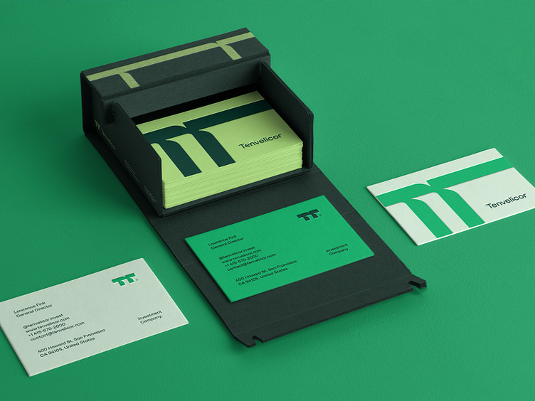 A logo design featuring a green business card on a green background.