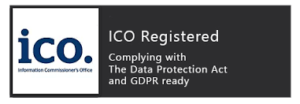 A logo with the words "ico registered" compiling with the data protection act and ready, ensuring privacy and adhering to terms.